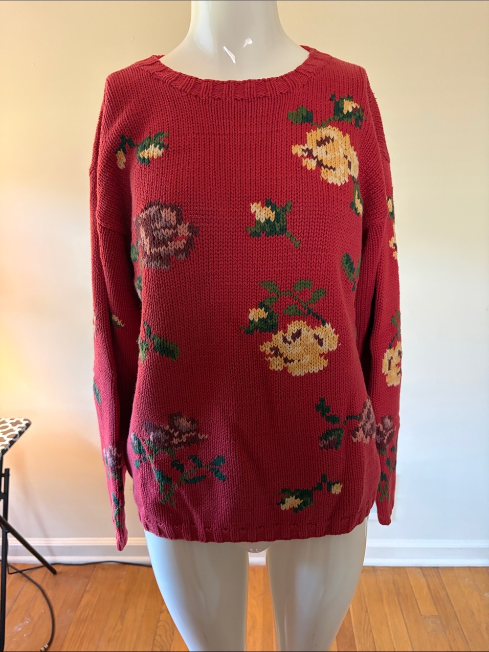 Eddie Bauer Red Floral Crewneck Sweater with Yellow & Green Details